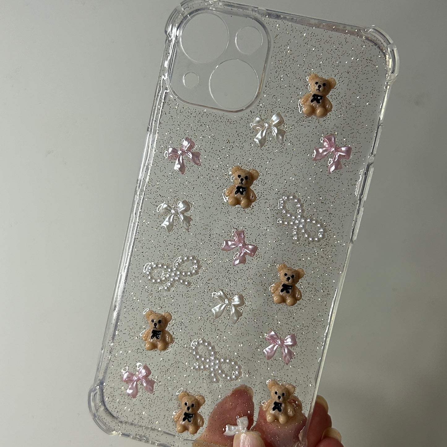 The Sweet Spot Phone Case, Front Right Angle View, Pink and Pearl bows and Teddy Bears